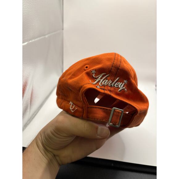 Vintage Y2K Harley Davidson Strapback Cap Hat Orange OSFA Motorcycle Embroidered - Picture 3 of 4